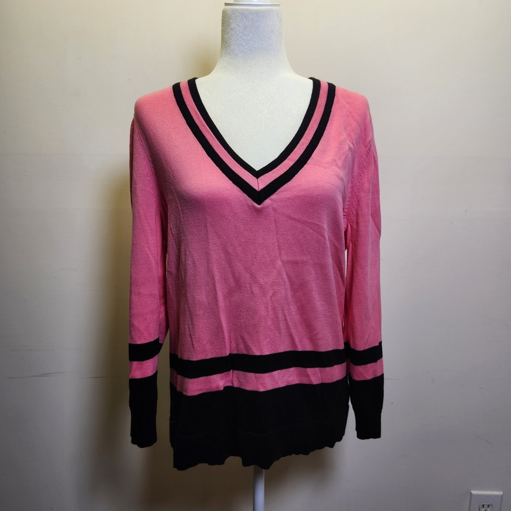 Y2K Lauren Ralph Lauren Active V-Neck Sweater XL Colorblock Pink Black Varsity
